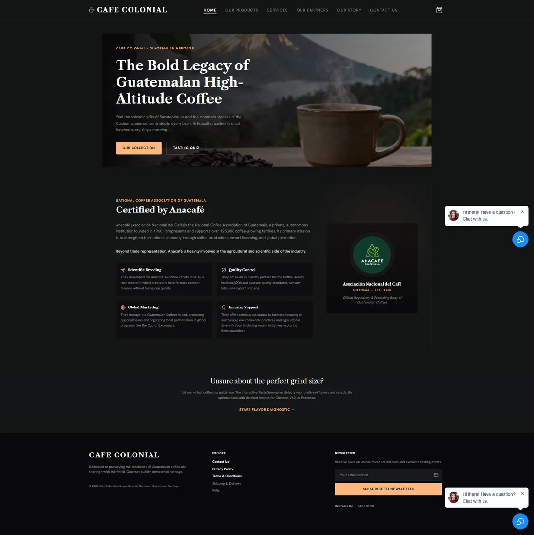 Café Colonial homepage: a Guatemalan coffee brand with a dark editorial hero, a product collection link, and an Anacafé certification section.