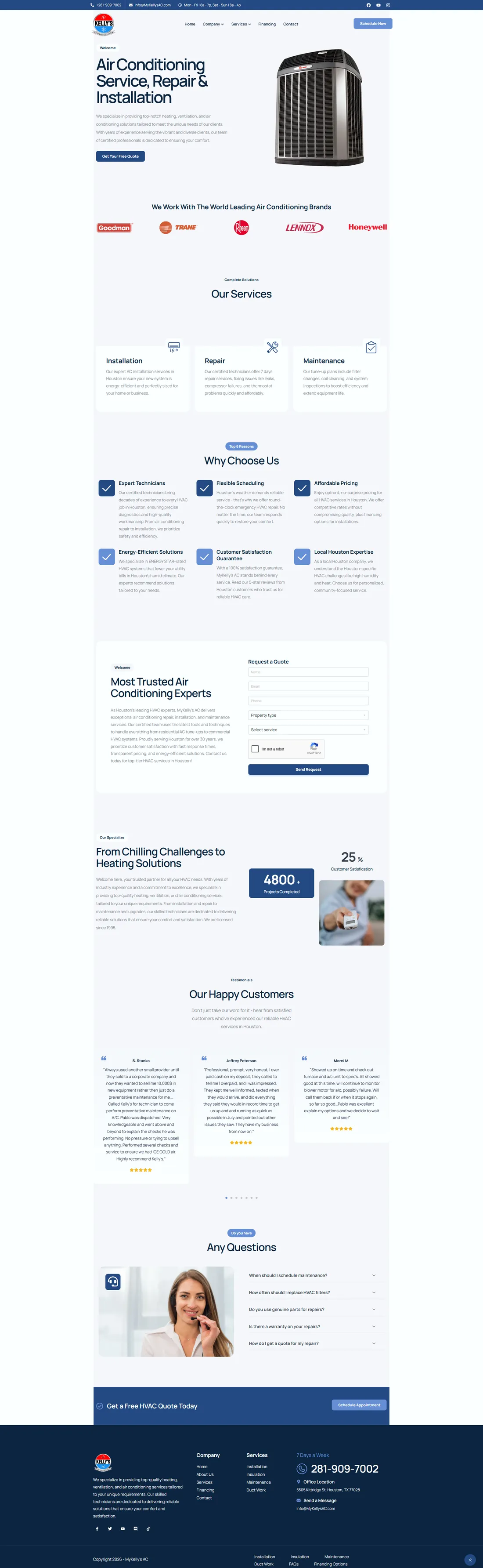 Kelly's AC homepage: an air conditioning service, repair and installation business, showing a hero with a free-quote call to action and a row of manufacturer brands.