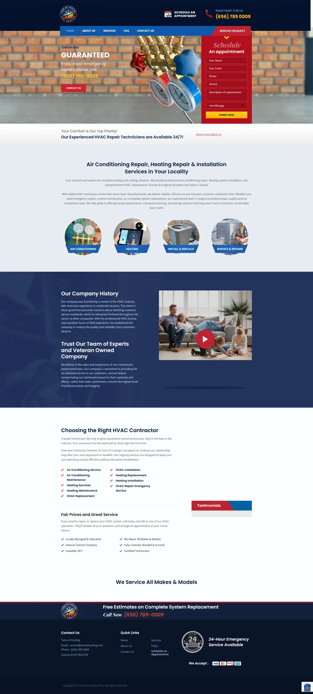 Tons of Cooling homepage: an HVAC repair company, with an emergency call number and an appointment booking form in the hero.