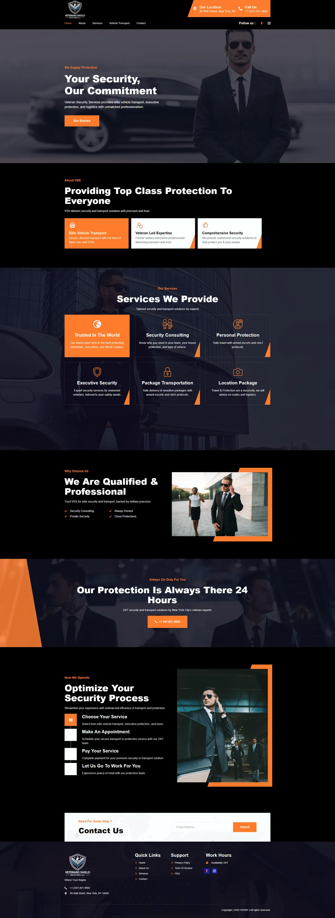 Veterans Shield Solutions homepage: a New York security firm offering executive protection and vehicle transport, with a dark hero and a Get Started call to action.
