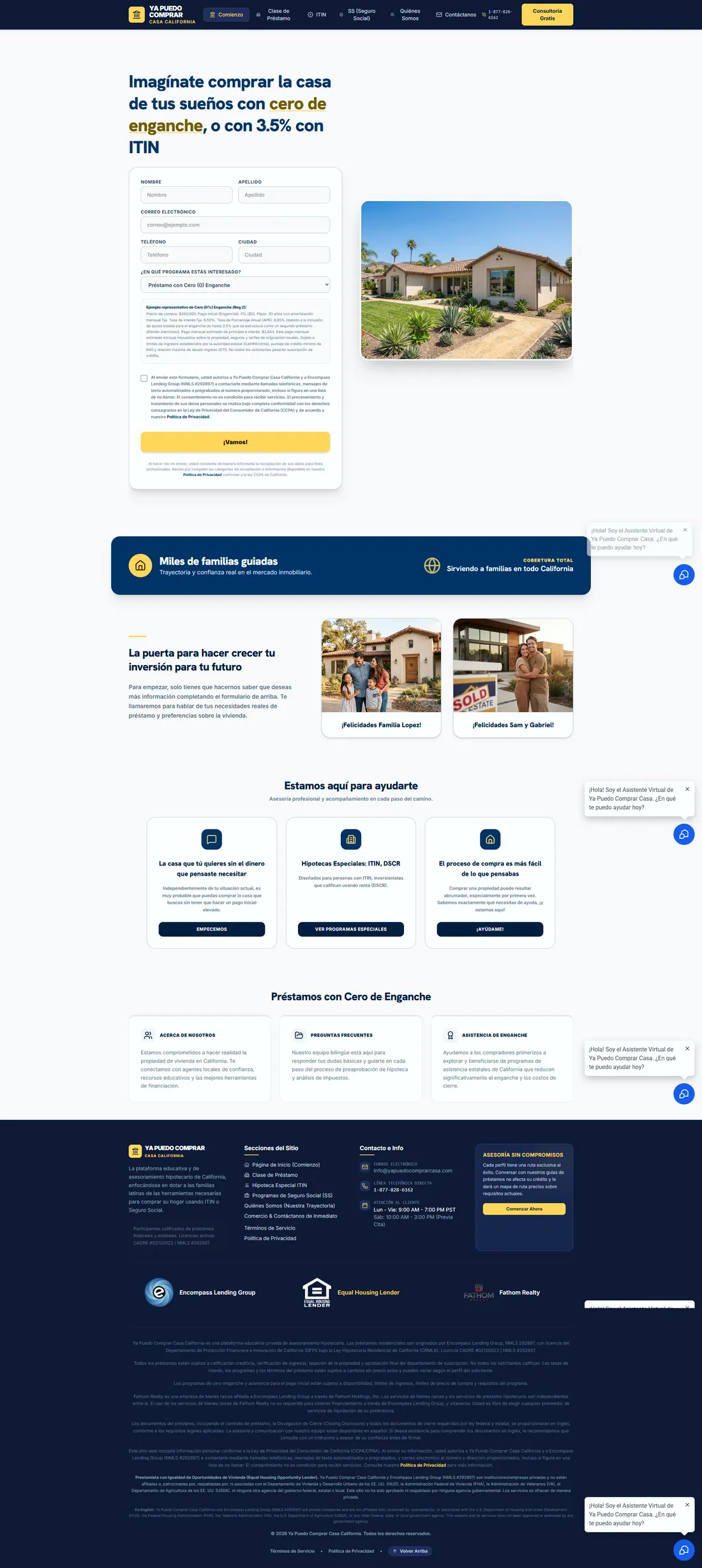 Ya Puedo Comprar Casa homepage: a Spanish-language California home loan service, with a multi-field lead form and required lending disclosures in the hero.